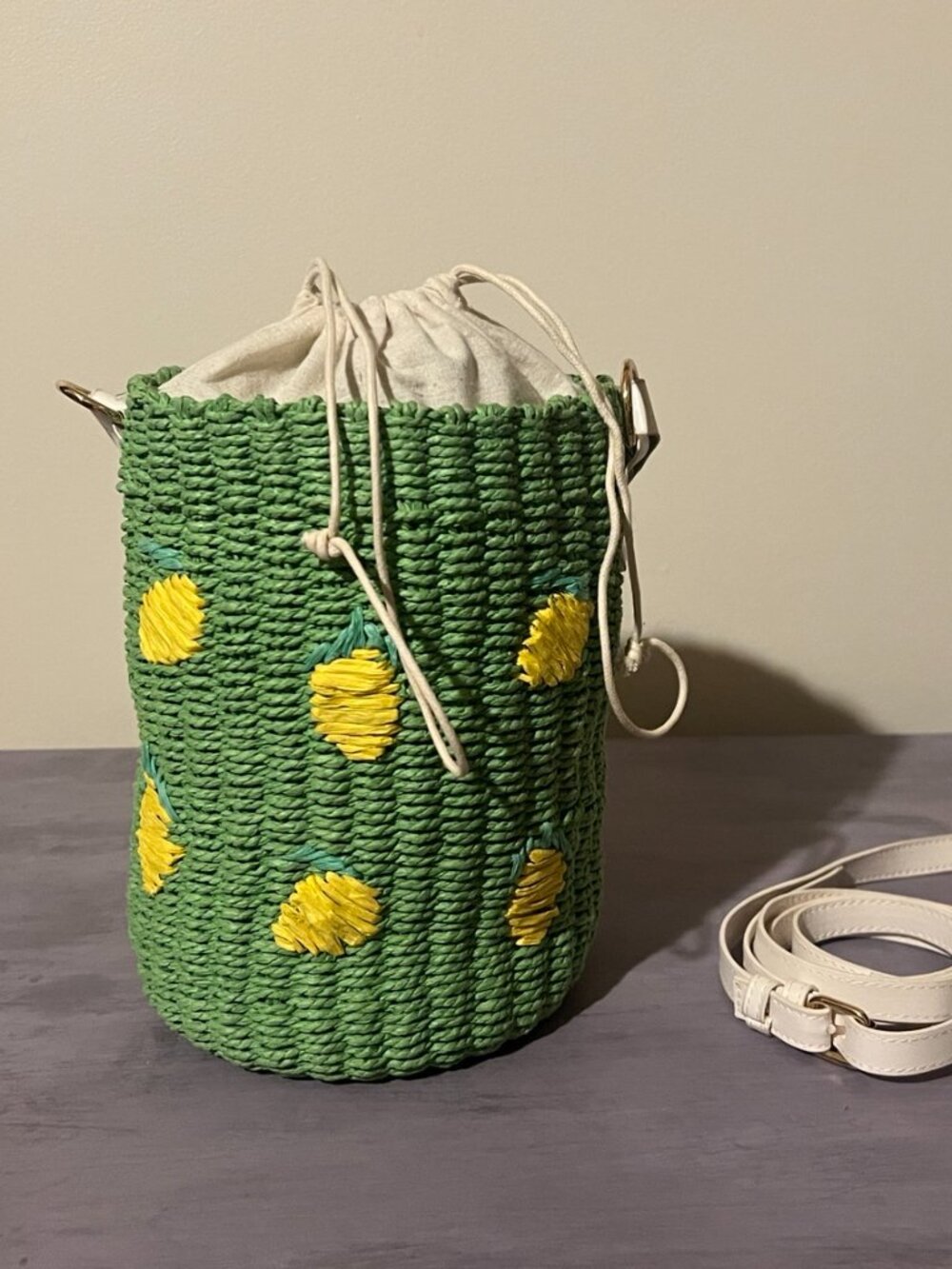 Anthropologie Green Lemon Raffia Woven Bucket Crossbody Bag - Picture 7 of 7